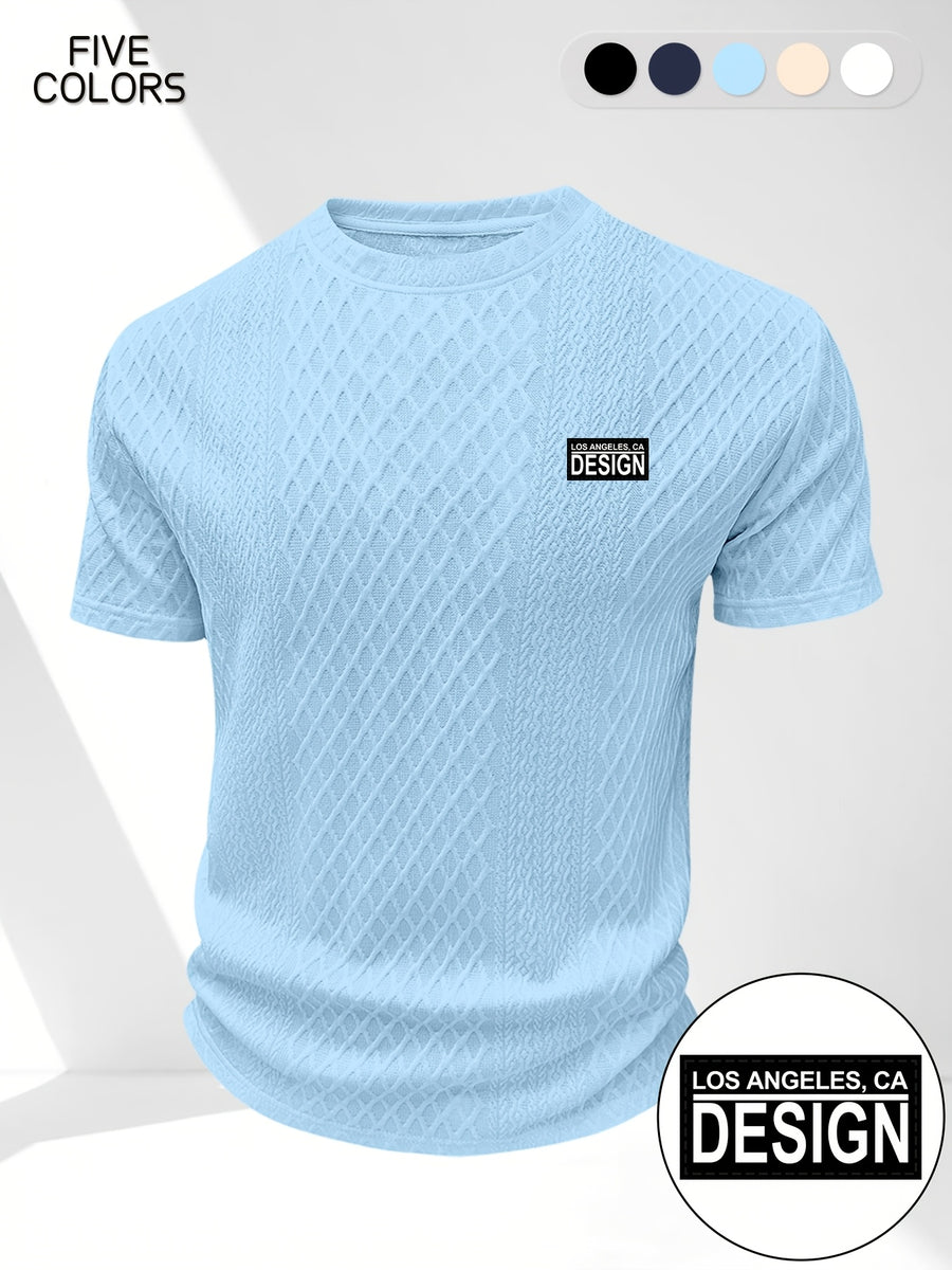 Men's Summer Casual Premium Textured Crew Neck Short Sleeve T-Shirt, Trendy Printed Pattern Design, Comfortable and Breathable Textured Fabric, Suitable for Outdoor Vacations and Daily Wear - Sky Blue