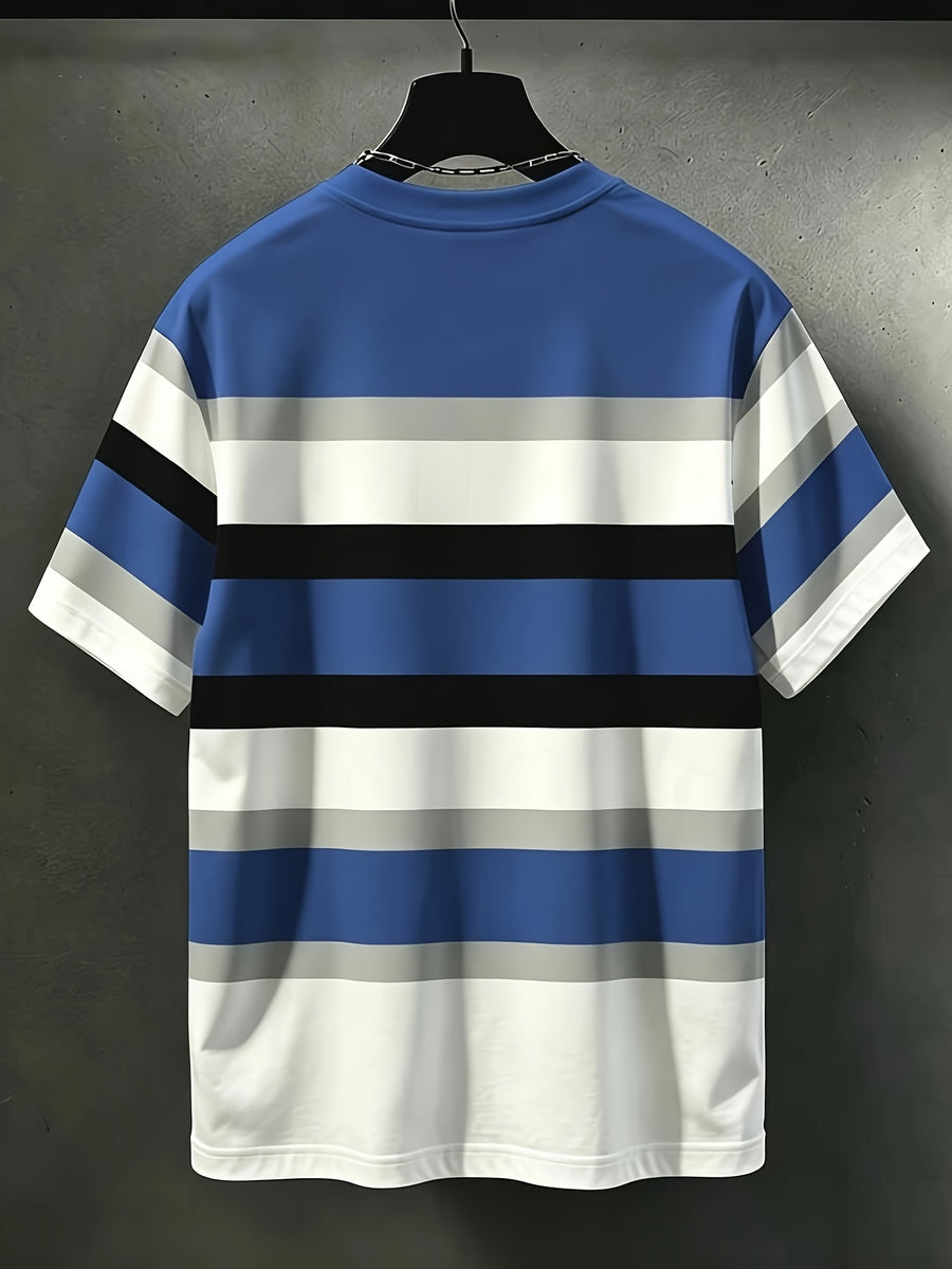 Men's Casual Crew Neck T-Shirt with Vertical Striped Contrast Color - Breathable Regular Fit Suitable for Daily & Formal Wear, All-Season, Durable Machine-Washable Fabric, Sporty Style for Teens & Adults, Gift for Outdoor Activities - Royal Blue