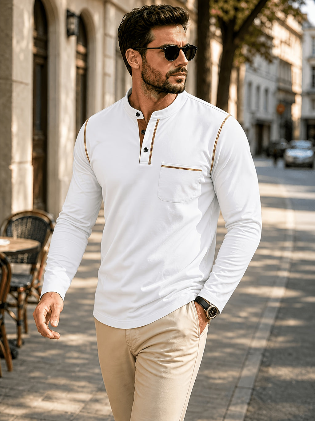 1pc Men'S Long Sleeve Henley Shirt, Stand Collar Slim Fit Casual Top, Solid Color Micro-Elastic Machine Washable Fabric, Contrast Stitching, Pocket Design Suitable for Early Autumn, for Daily, Travel, Dates - White