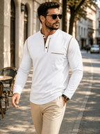 1pc Men'S Long Sleeve Henley Shirt, Stand Collar Slim Fit Casual Top, Solid Color Micro-Elastic Machine Washable Fabric, Contrast Stitching, Pocket Design Suitable for Early Autumn, for Daily, Travel, Dates - White