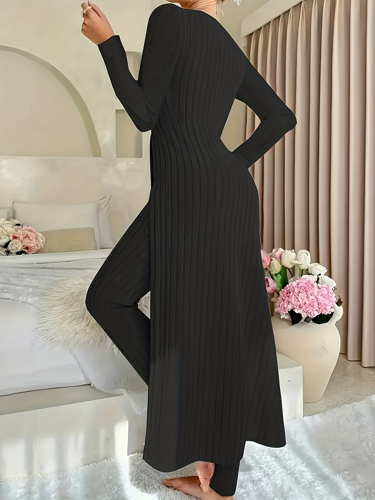 Autumn-Winter Casual Robe and Long Pants Set, High Slit Dress Set, Hair Needle Material, Suitable for Daily Wear, Home Casual Wear - Deep Grey