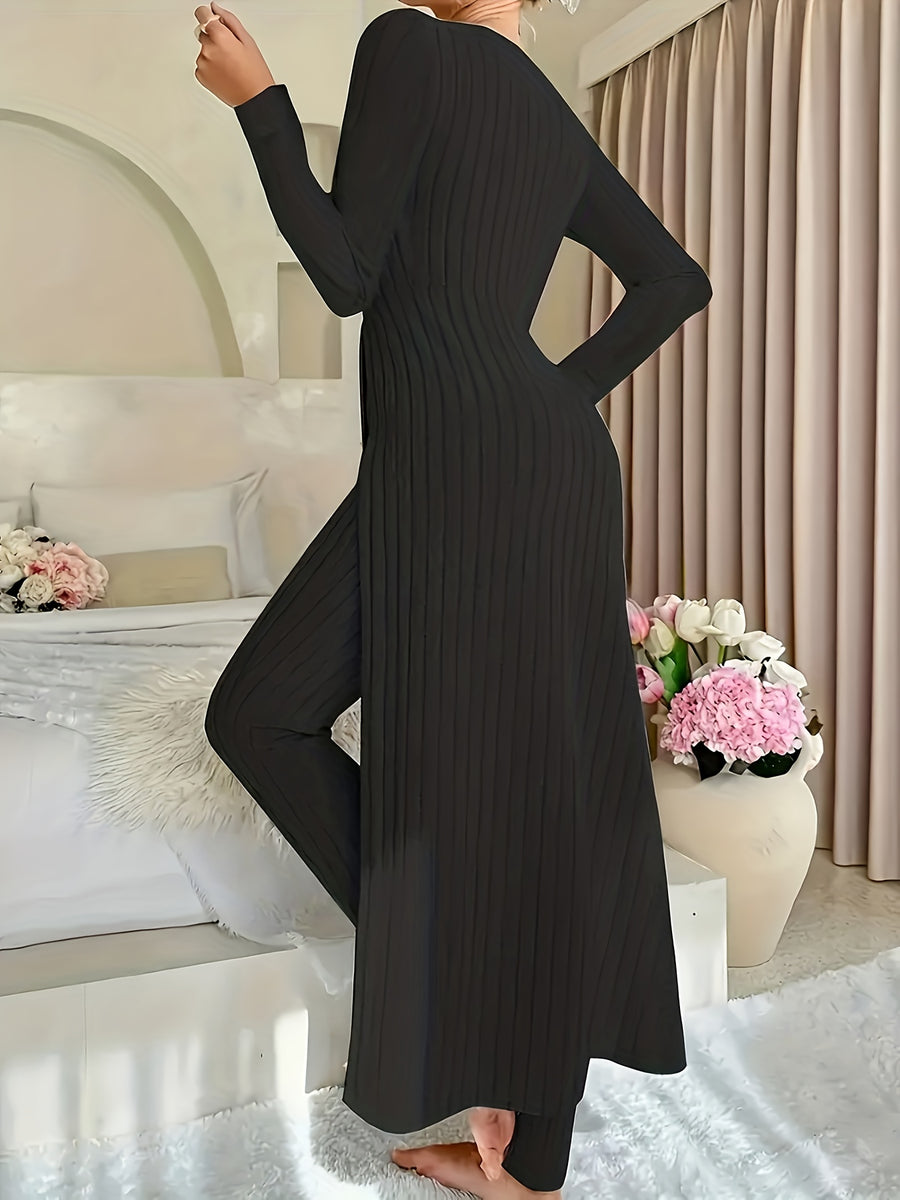 Autumn-Winter Casual Robe and Long Pants Set, High Slit Dress Set, Hair Needle Material, Suitable for Daily Wear, Home Casual Wear - Deep Grey