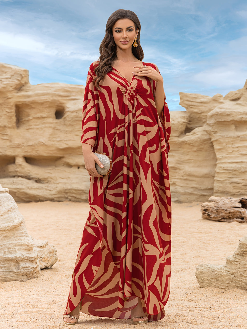 EDOLYNSA Elegant Red Striped Print V-Neck Long Sleeve Batwing Beach Cover-Up Loose Casual Vacation Kaftan Robe Q1755 - Red