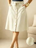 Women'S Fashion Commuter Versatile A-Line Midi Skirt, High-Waist Tie-Front Button-Up Skirt with Pockets - Apricot