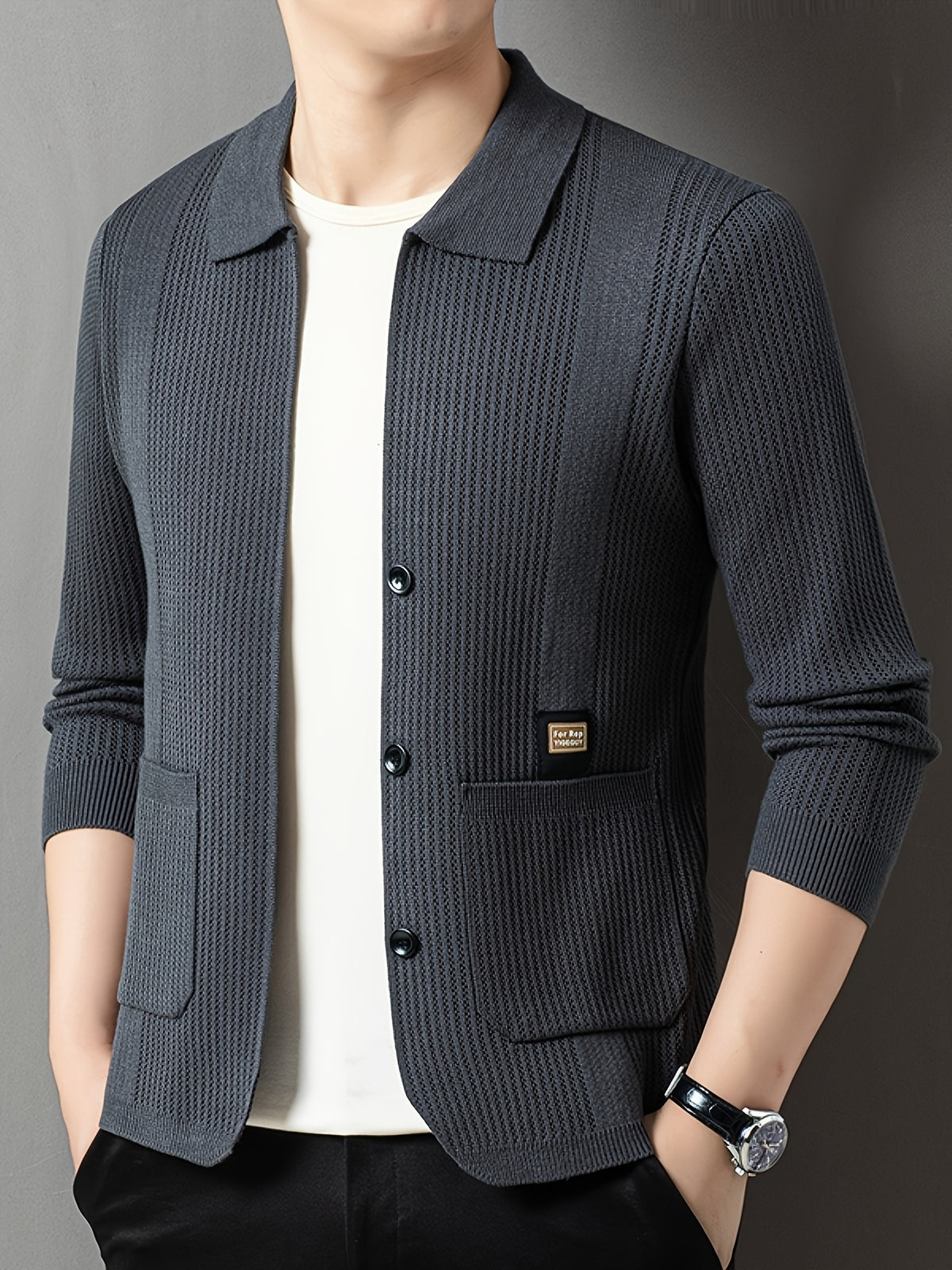 Men'S Spring Autumn Lapel Knit Jacket Cardigan - Grey