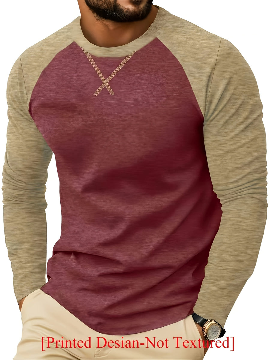 [Printed Design - Not Textured] Men's Long Sleeve Crew Neck T-Shirt, European and American Style Men's Apparel, Color Block Base Layer Top - Maroon 2