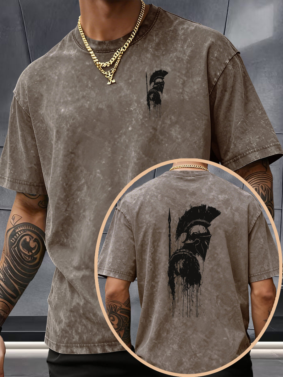 Short Sleeve T-Shirt, 100% Washed Distressed Loose Fit, Front And Back Double Print of Dark Ink Warriors, Casual Street Y2K Hip-Hop Style Couple'S Daily Commute Fitness Outing Statement Top - Brown
