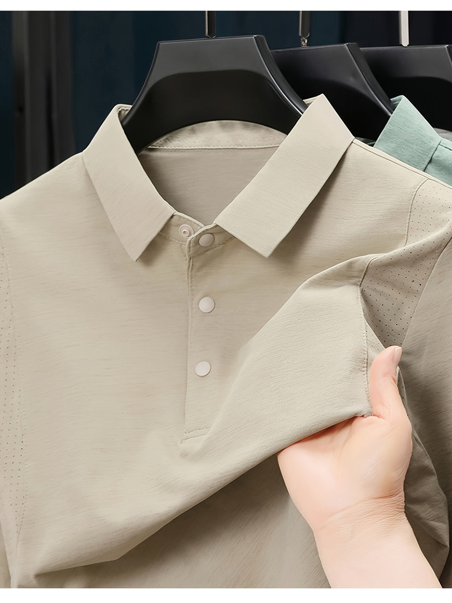 Men'S Lapel Long Sleeve Polo Shirt, Shoulder Mesh Texture Patchwork, Solid Color Minimalist Clean Cut Top, Office Commute, Outing Fishing, Home Casual Loose Men'S Long Sleeve T-Shirt - Khaki