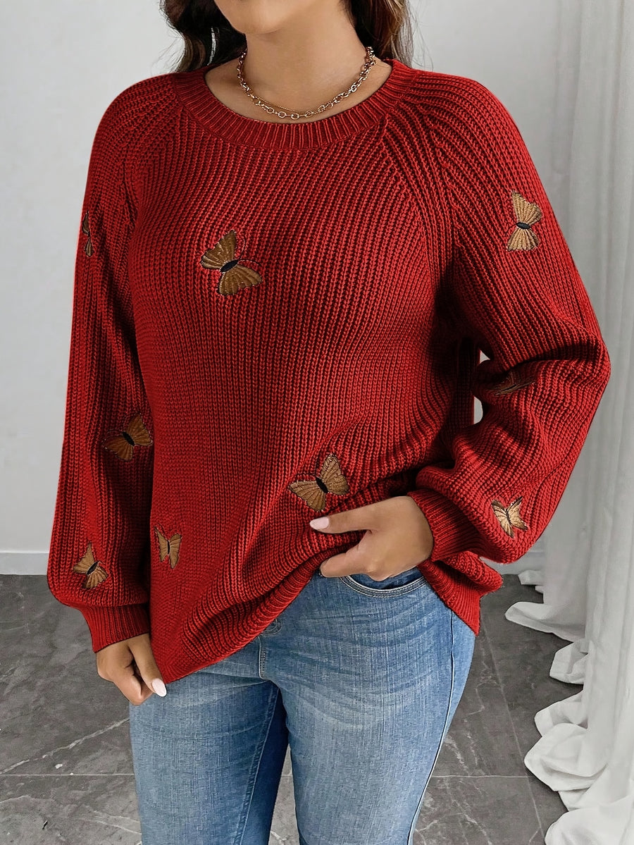Elegant Long Sleeve Autumn/Winter Sweater with Butterfly Pattern | Crew Neck, Solid Color - Red