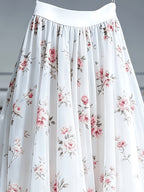 Women'S Spring Summer New Elegant Floral Print Mesh Half Skirt, Suitable for Parties, Vacations, And Dates - White