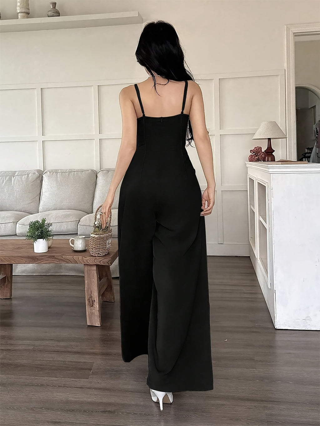 Wide-Leg Loose Solid Color with Ruched Design, Suitable for Summer Women'S Casual Wear - Black
