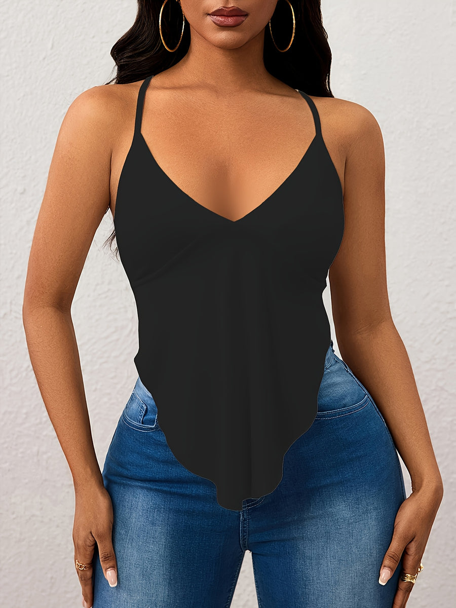 Lady's New Solid-color V-neck Loose-sleeved Backless Vest with Cross-buckle Back Straps and Back Straps for the Top Garment - Black