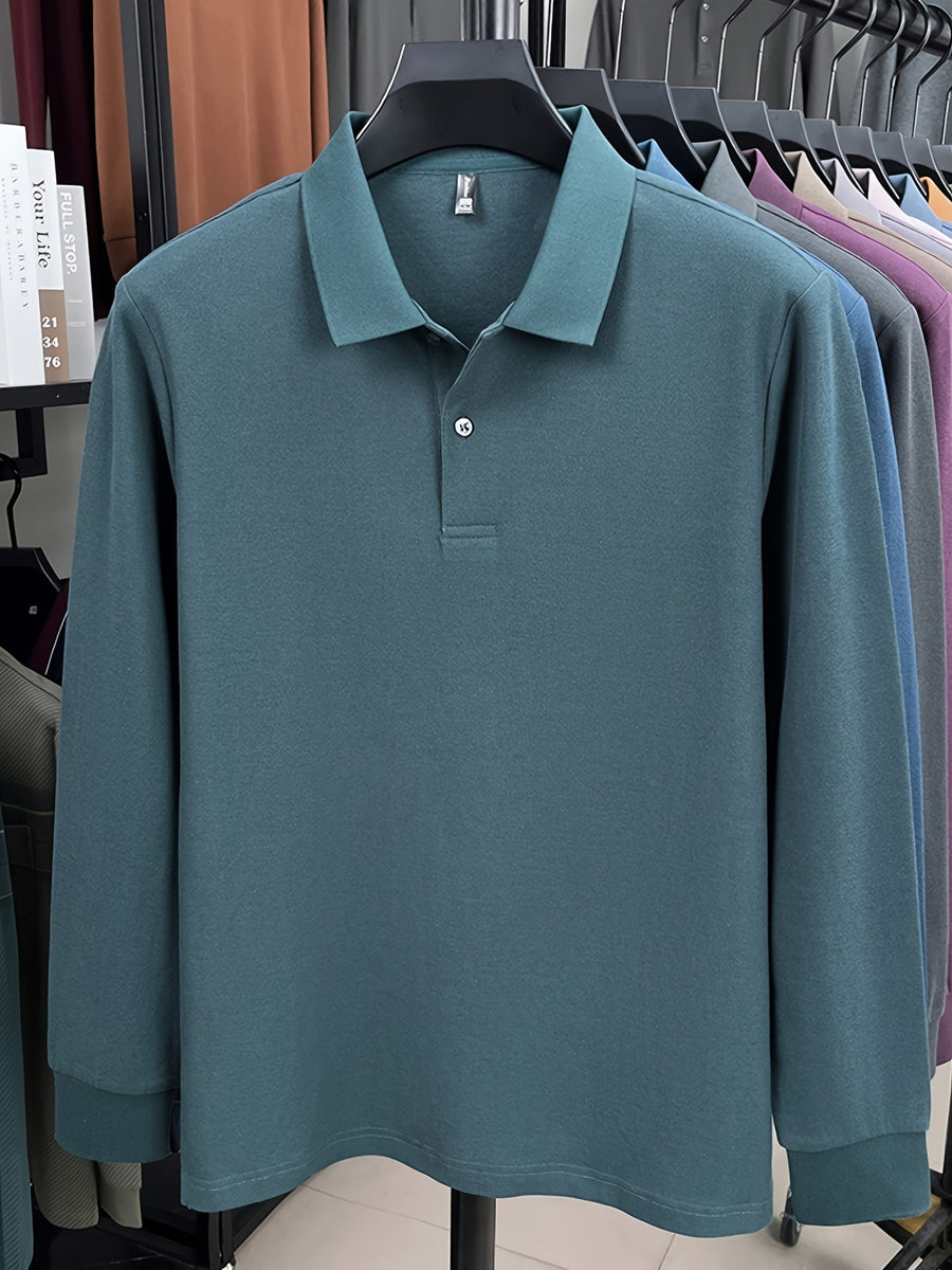 Spring and Autumn Men's Lapel Polo Shirt, Fashionable Solid Color Base Layer Top, Versatile Business Casual Long Sleeve T-Shirt, Suitable for Daily Work Scenes, The Best Gift for Friends and Relatives - Dark Green