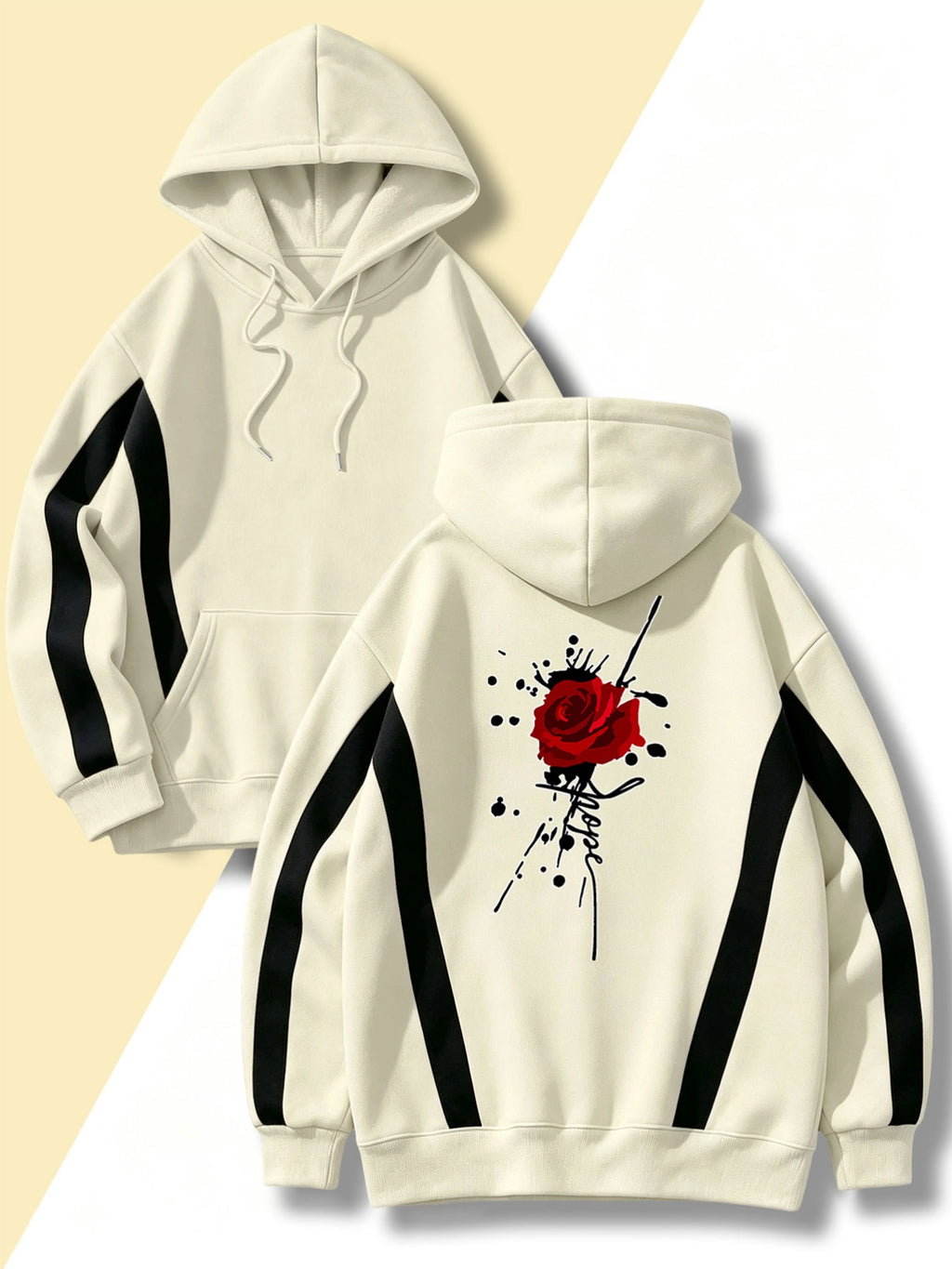 4pcs Set: Autumn/Winter Men's Street Style Pullover Hooded Sweatshirt with Diagonal Contrast Color Stripe Cutting on Sleeves, Long Sleeve Top, Adjustable Drawstring, Large Capacity Kangaroo Pocket for Storing Phone and Small Items, Skin-Friendly - Apricot + Navy Blue + Gray + Black