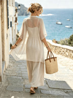 Women's Solid Color Camisole Maxi Dress + Lightweight Chiffon Cardigan 2pcs Set for Spring, Summer, and Autumn. This Lightweight Chiffon Cardigan and Camisole Dress 2pcs Set Is Suitable for Seaside Beaches, Island Trips, Afternoon Tea - Apricot