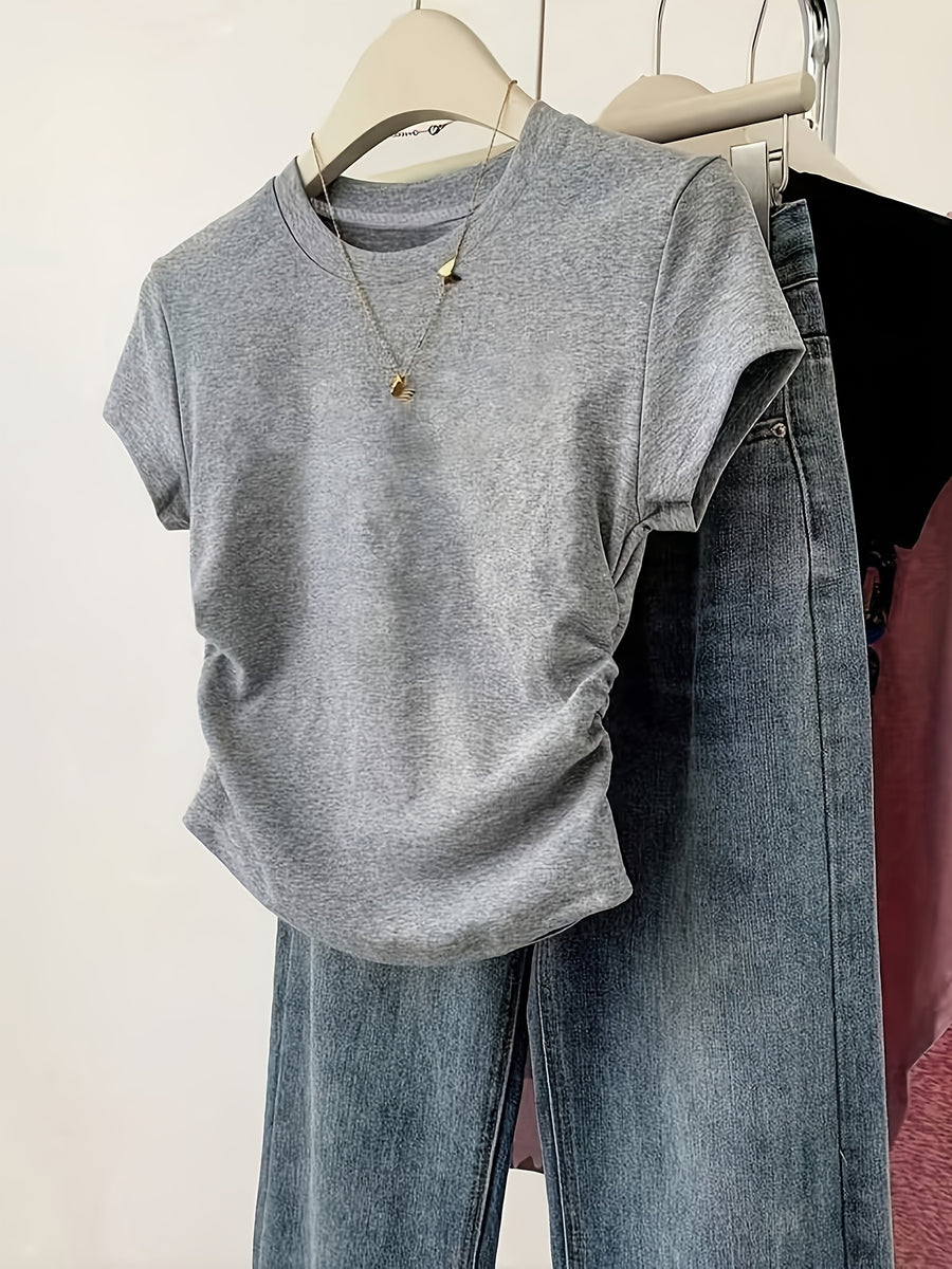 Summer: Regular Shoulder Slim-Fit Irregular T-Shirt with Ruched Curved Waistline for a Effect - Grey