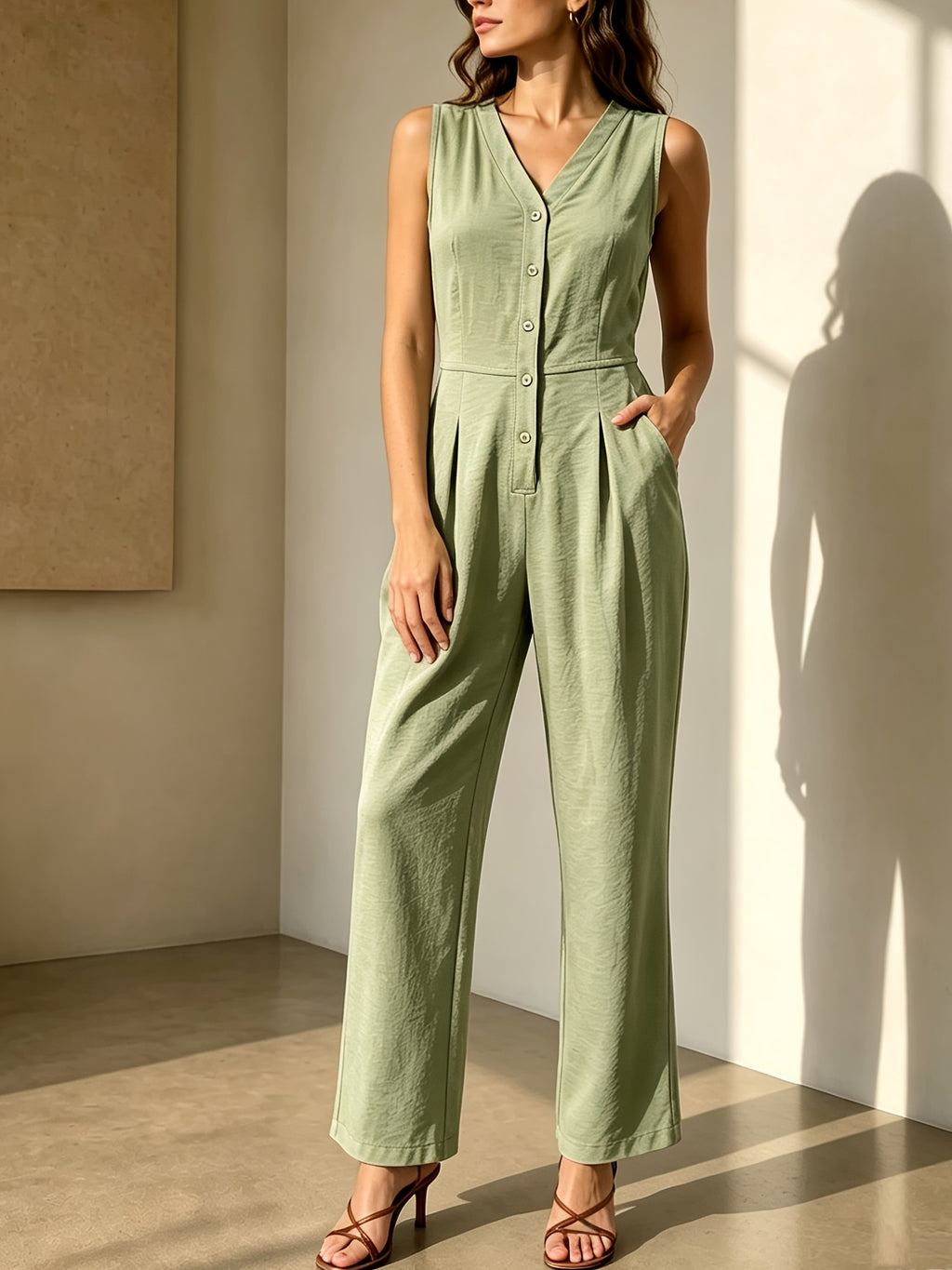 YYTT Women's V-Neck Sleeveless Button-Up Elegant Wide-Leg Jumpsuit - Matcha Color