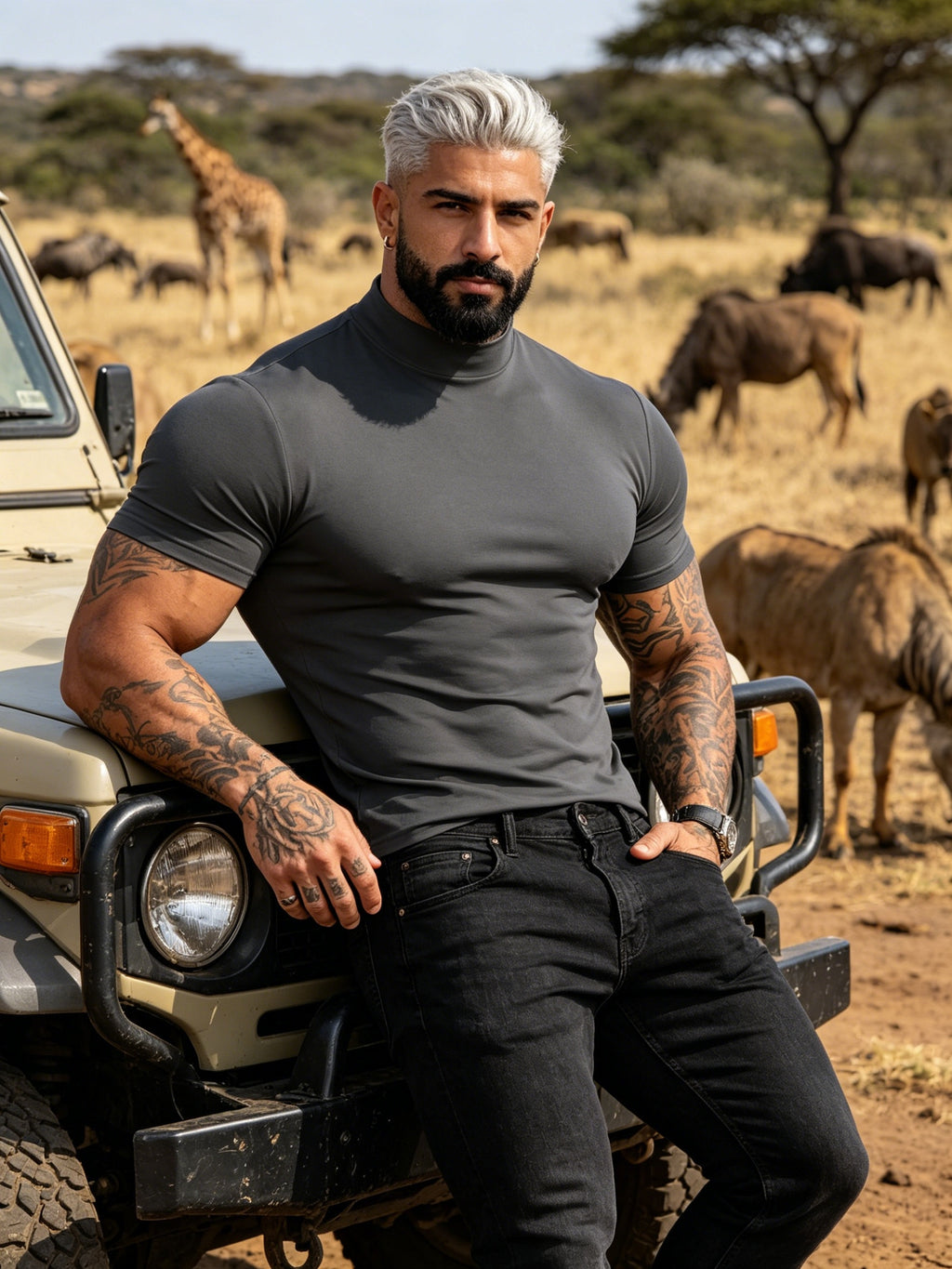 Summer Breathable Solid Color Half-Neck Short Sleeve 2pcs Set Men'S Shaping Slimming High-Elastic Fabric Light Luxury Fashion Fitness Sports Daily Wear Easy Premium Feel Versatile Base Top - Cement Ash