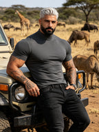 Summer Breathable Solid Color Half-Neck Short Sleeve 2pcs Set Men'S Shaping Slimming High-Elastic Fabric Light Luxury Fashion Fitness Sports Daily Wear Easy Premium Feel Versatile Base Top - Cement Ash