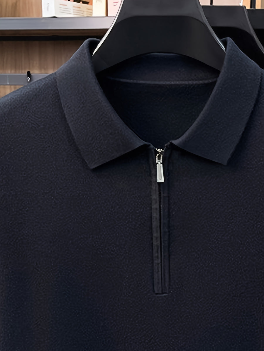 Men's Polo Collar Half-Zip Knit Sweater, Solid Color Minimalist Light Business Knit Pullover, Suitable for Spring, Autumn, and Early Winter, for Commuting and Casual Wear - SINBOS - Navy blue color