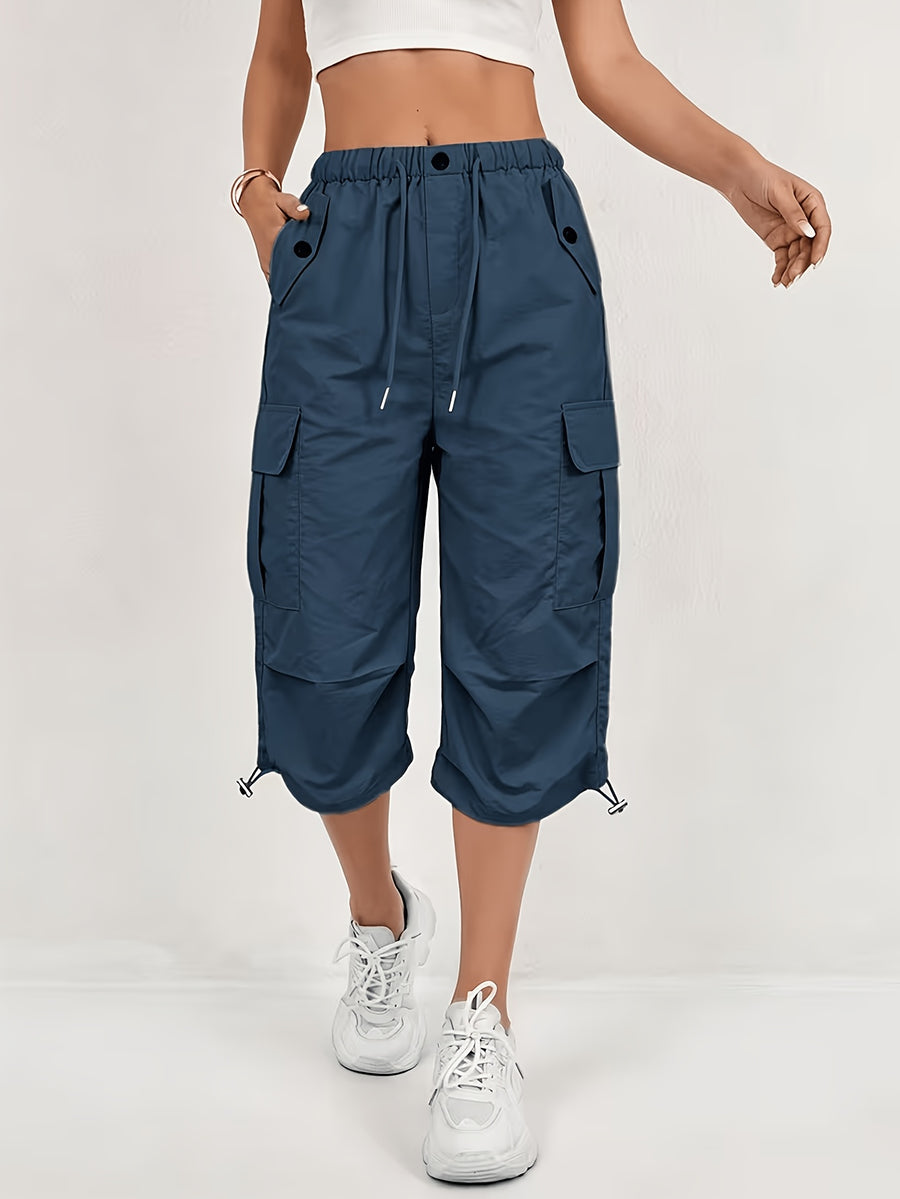 Women'S Quick-Dry Cargo Capri Pants with Elastic Waist And Drawstring - Lightweight Stretch Suitable for Outdoor Pants, Multi-Trousers, Machine Washable Loose-Fit Mid-Length for Travel, Casual Attire - Navy Color