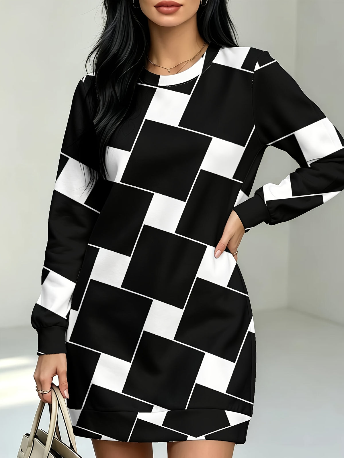 Black White Checker Women'S All Over Print Long Sleeve Dress, Slight Stretch Crew Neck A Line Straight Hem, Versatile for Commute, Home & Dating - Multicolor