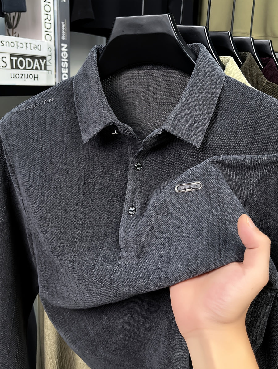 Men's Spring/Autumn Lightweight Knitted Long-Sleeve Polo Shirt with Vertical Stripe Texture, Lapel Collar, Three-Button Placket, Business Casual Versatile Base Layer Top for Middle-Aged Men - Grey