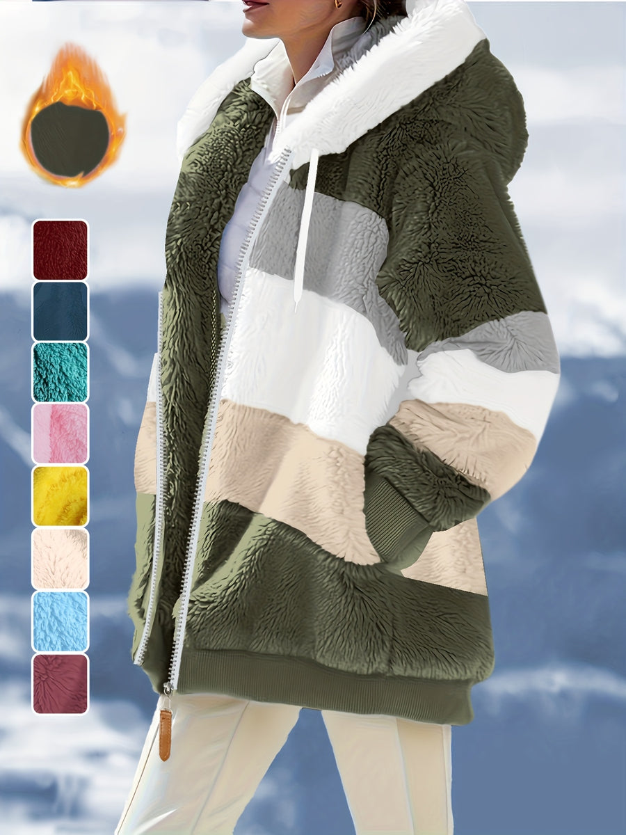Women's Fuzzy Hooded Jacket Color Block Zip-Up Coat Warm Outerwear with Pockets for Autumn Winter Casual Outdoor Wear - fern green
