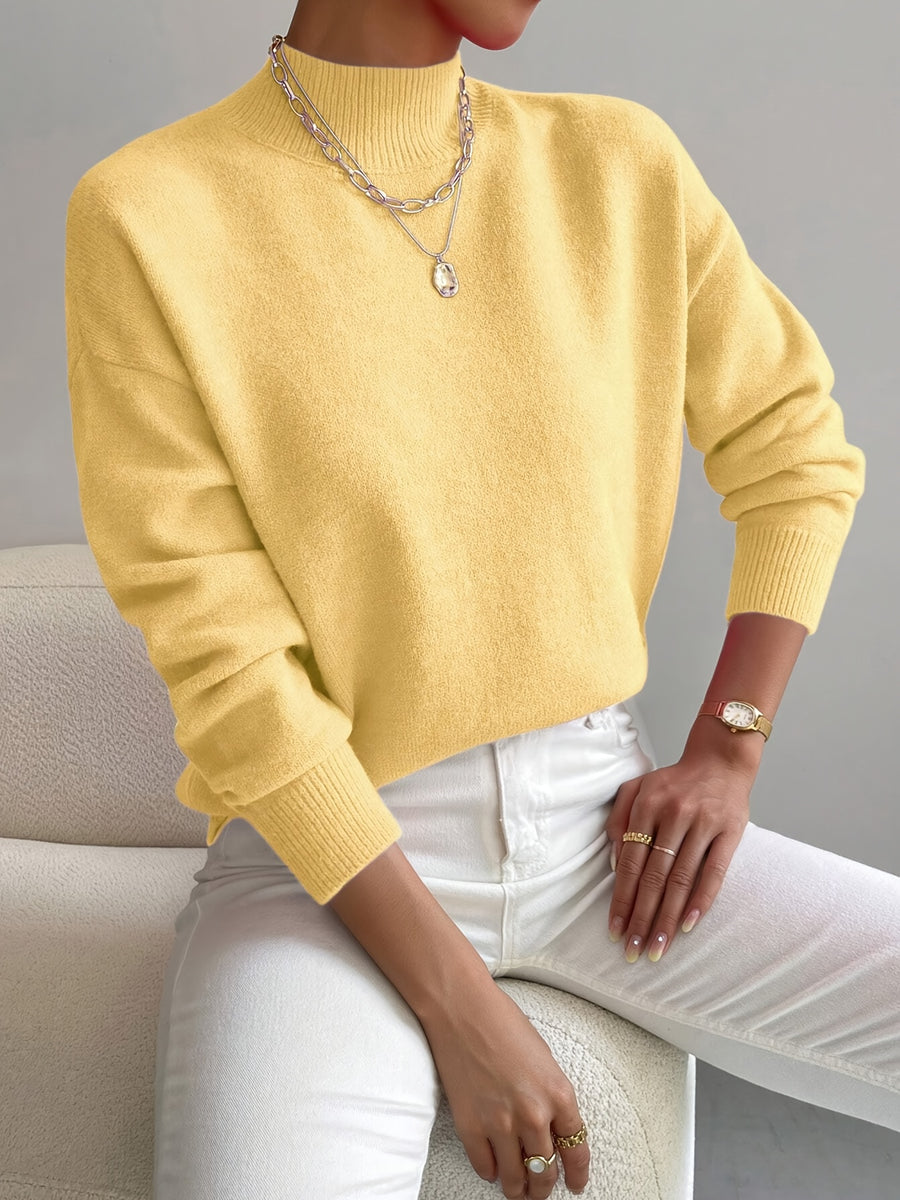 Women's Solid Color Elegant Mock Neck Long Sleeve Drop Shoulder Pullover Sweater - Yellow