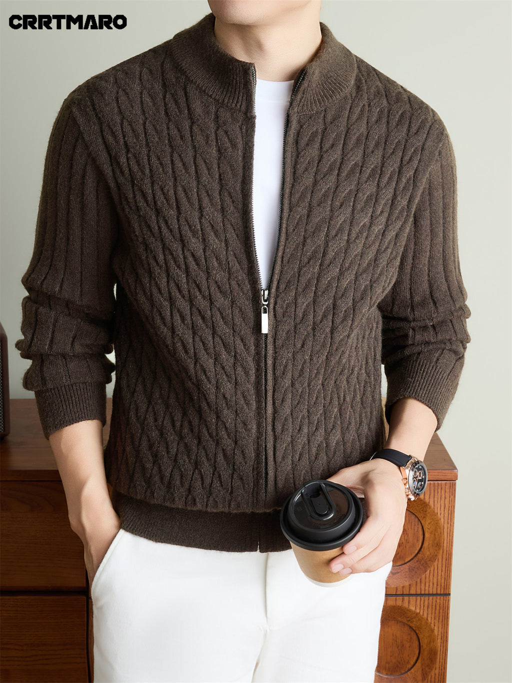 Men'S Heavyweight Thick Zip Neck Mock Neck Knit Cardigan, Warm Casual Layering Top for Fall And Winter - Coffee Color