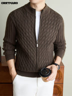 Men'S Heavyweight Thick Zip Neck Mock Neck Knit Cardigan, Warm Casual Layering Top for Fall And Winter - Coffee Color