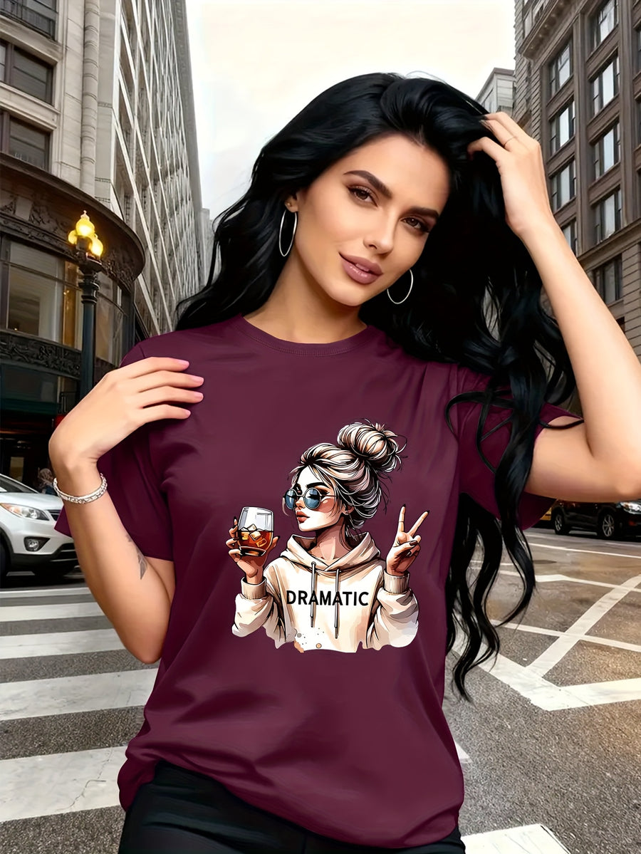 Street-style Trendy Art Print Featuring a Woman with a Bun Hairstyle and Fashion Glasses Holding a Red Wine Glass. Simple Round-neck Casual Versatile Short-sleeve Women's T-shirt, Suitable for Leisure, Travel, Vacation, and Other. 11643 - Fuchsia