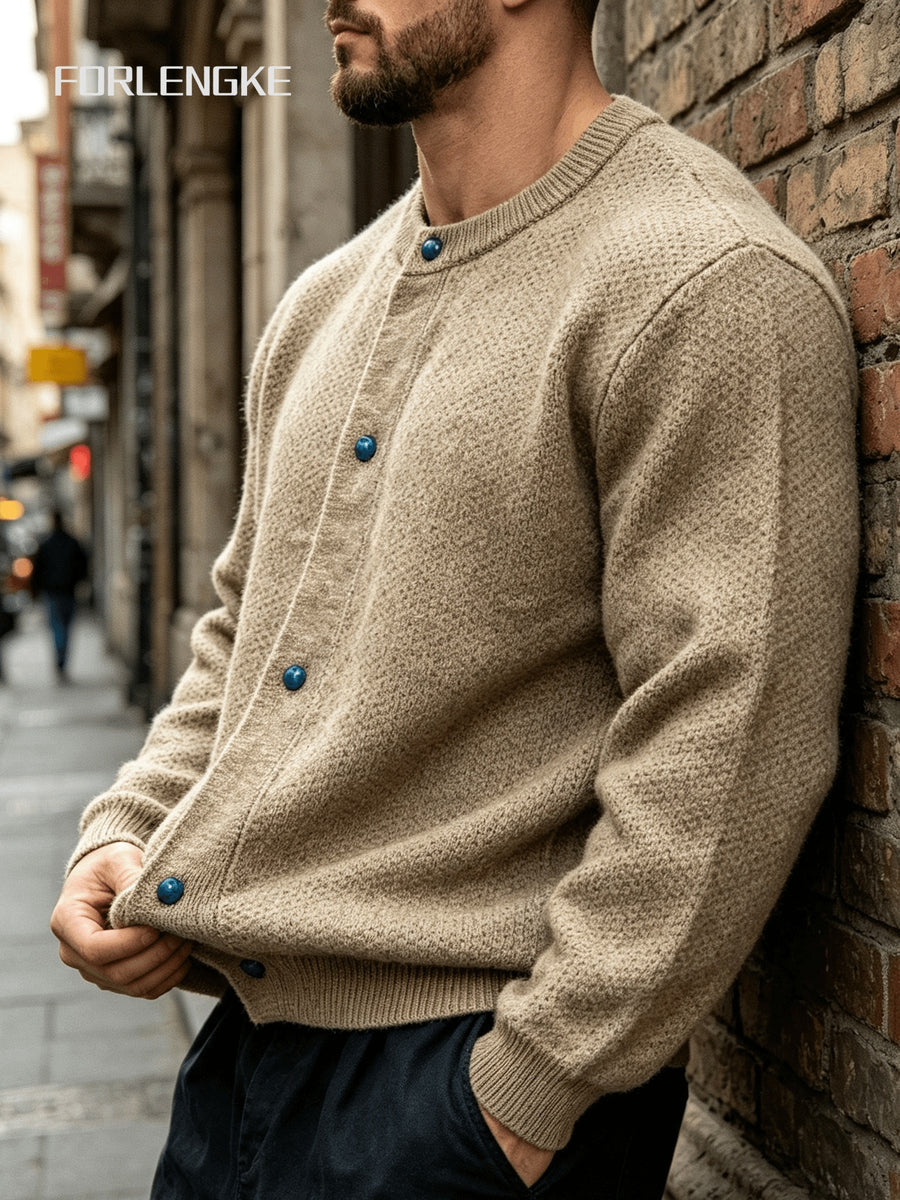 FORLENGKE Autumn Winter Men'S Retro Round Neck Knit Cardigan Heavyweight Hollow Texture Blue Button Loose Sweater Trendy Street Casual All-Match Long Sleeve Top Jacket - Clip Flower Coffee