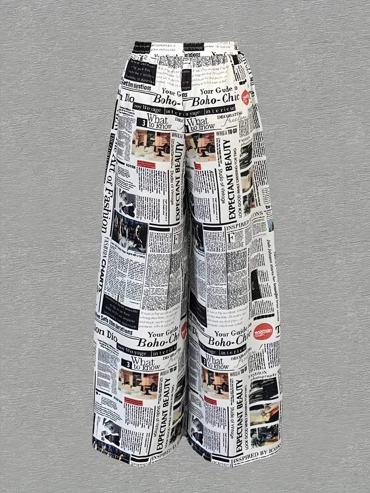 Newspaper Print Wide Leg Pants with Pockets | High Waist, Non-Stretch, Machine Washable, All-Season - White