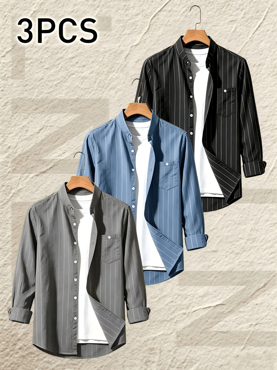 Pearson OBM 3pcs Set Men's Striped Linen Long-Sleeve Shirt; Sporty Casual Lapel Shirt with Pockets; Fashionable, Breathable, and Comfortable Fabric; Top for Beach Vacations and Outdoor Travel - Gray+blue+black