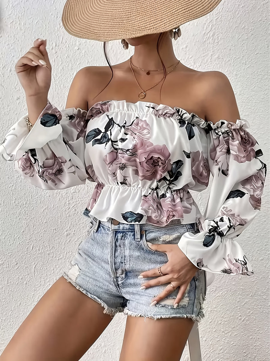 Elegant Women'S Floral Print Ruffled Off-Shoulder Vacation Top - Multicolor