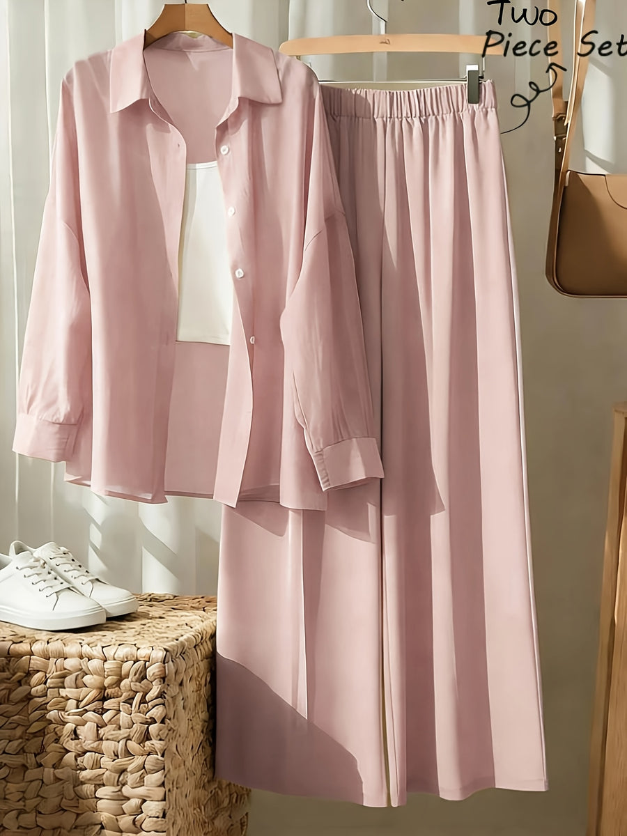 AK260514094 Women's Fashion Commuter Lapel Button- Long Sleeve Shirt and Elastic Waistband Patch Pocket Wide-Leg Long Pants 2pcs Set - pink