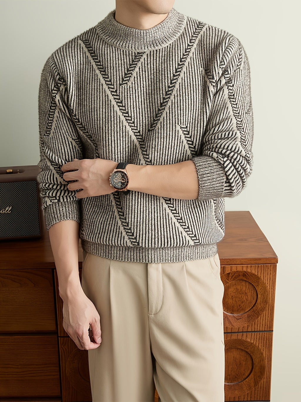Men'S Olive Green Herringbone Knit Crew Neck Sweater, Textured Long Sleeve Pullover with Ribbed Trim, Old Money Fall Winter Top - Khaki