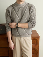 Men'S Olive Green Herringbone Knit Crew Neck Sweater, Textured Long Sleeve Pullover with Ribbed Trim, Old Money Fall Winter Top - Khaki