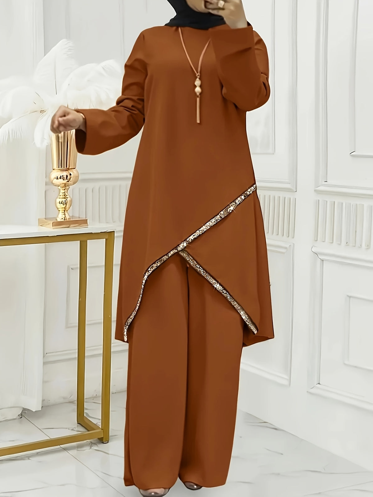 720-Spring And Summer Muslim Two-Piece Round Neck Sequined Long Sleeve Shirt Wide Leg Pants Casual Set - Rust