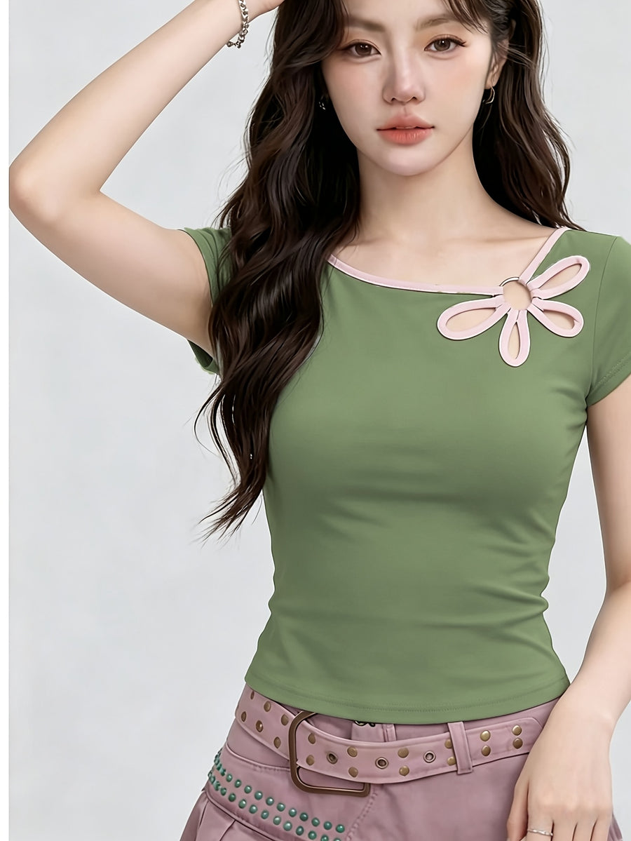 Sweet Cool Hot Floral Hollow Out Contrast Off-Shoulder Short Sleeve T-Shirt Women'S Summer Short Top - Matcha Color