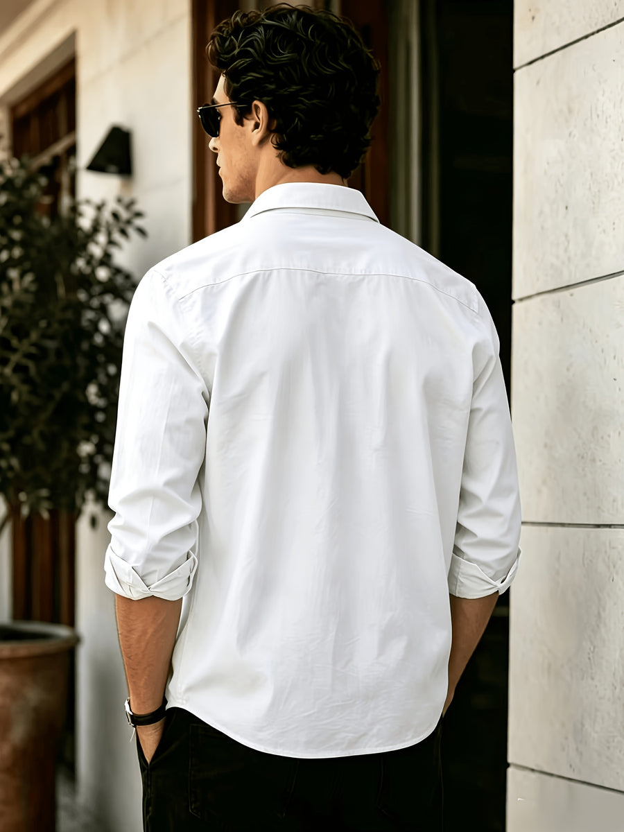 Men'S Long Sleeve Casual Shirt for Summer, Lightweight, Breathable And Comfortable. Slim-Fit And Versatile with Relaxed Cut, Ideal for Daily Commuting And Travel Outfits. (Shirt solely) - White