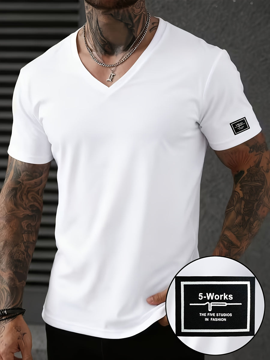 Men'S Patchwork V-Neck Short Sleeve T-Shirt, Suitable for Summer Outdoor Casual Wear, Casual Versatile Knit Top - White 3