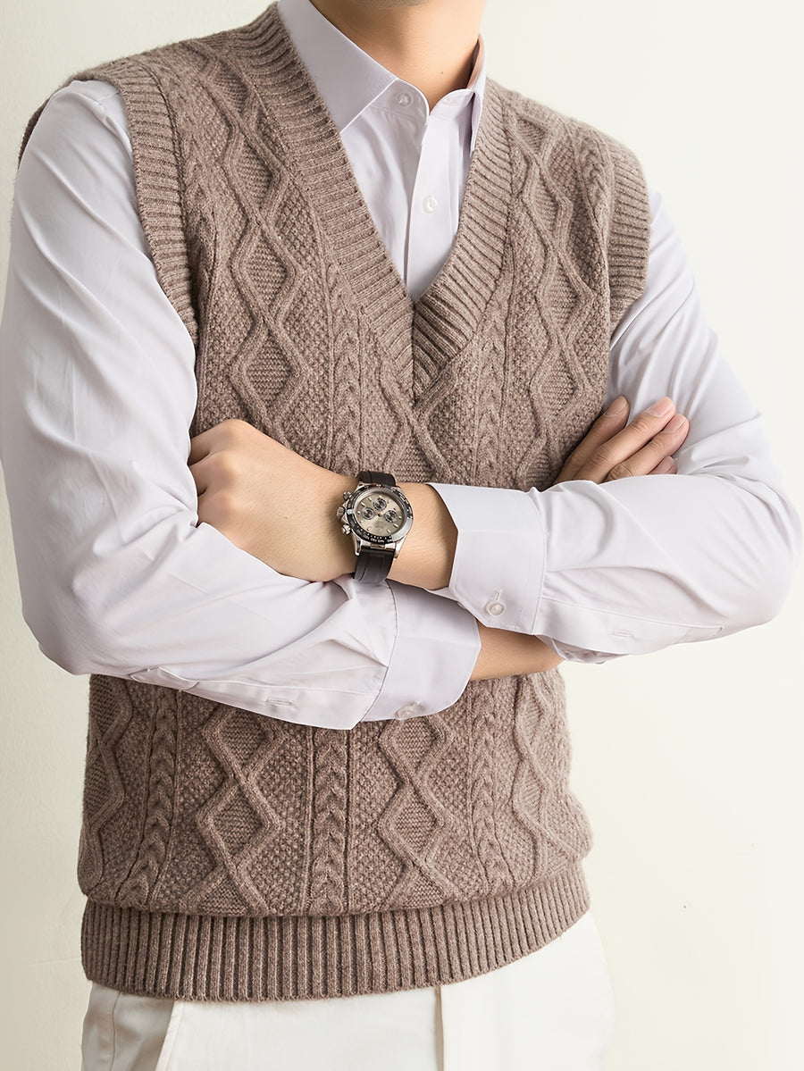 Men's V-neck Simple and Stylish Knitted Autumn/Winter Pullover Sleeveless Sweater Vest (Single Piece) - Camel