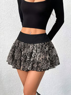 264# Leopard Print Elastic Waist Skirt with Built-in Panties - Grey