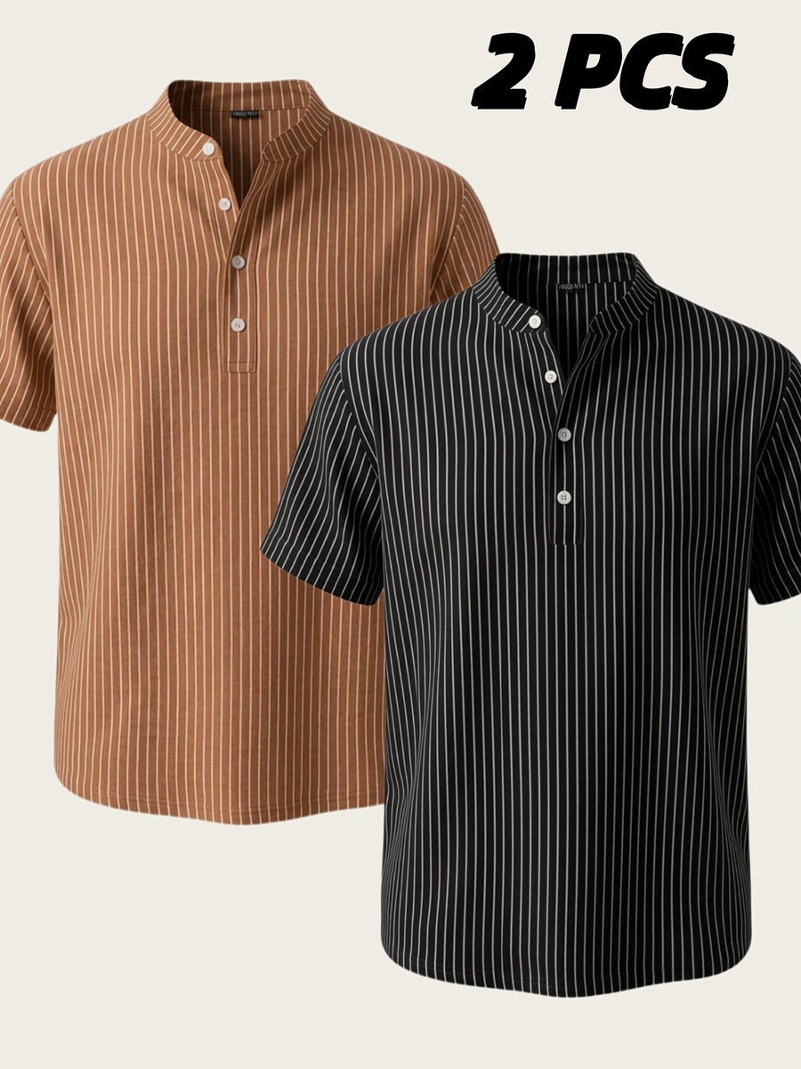 Josh Rose OBM 2pcs Men's Henley Shirts, Men's Summer Short Sleeve Regular Fit, Lightweight and Breathable, 95% Linen, Solid and Striped in Black and White, Features 4 Buttons, Suitable for Summer Daily Work, Casual, and Vacation Occasions - Coffee+Black