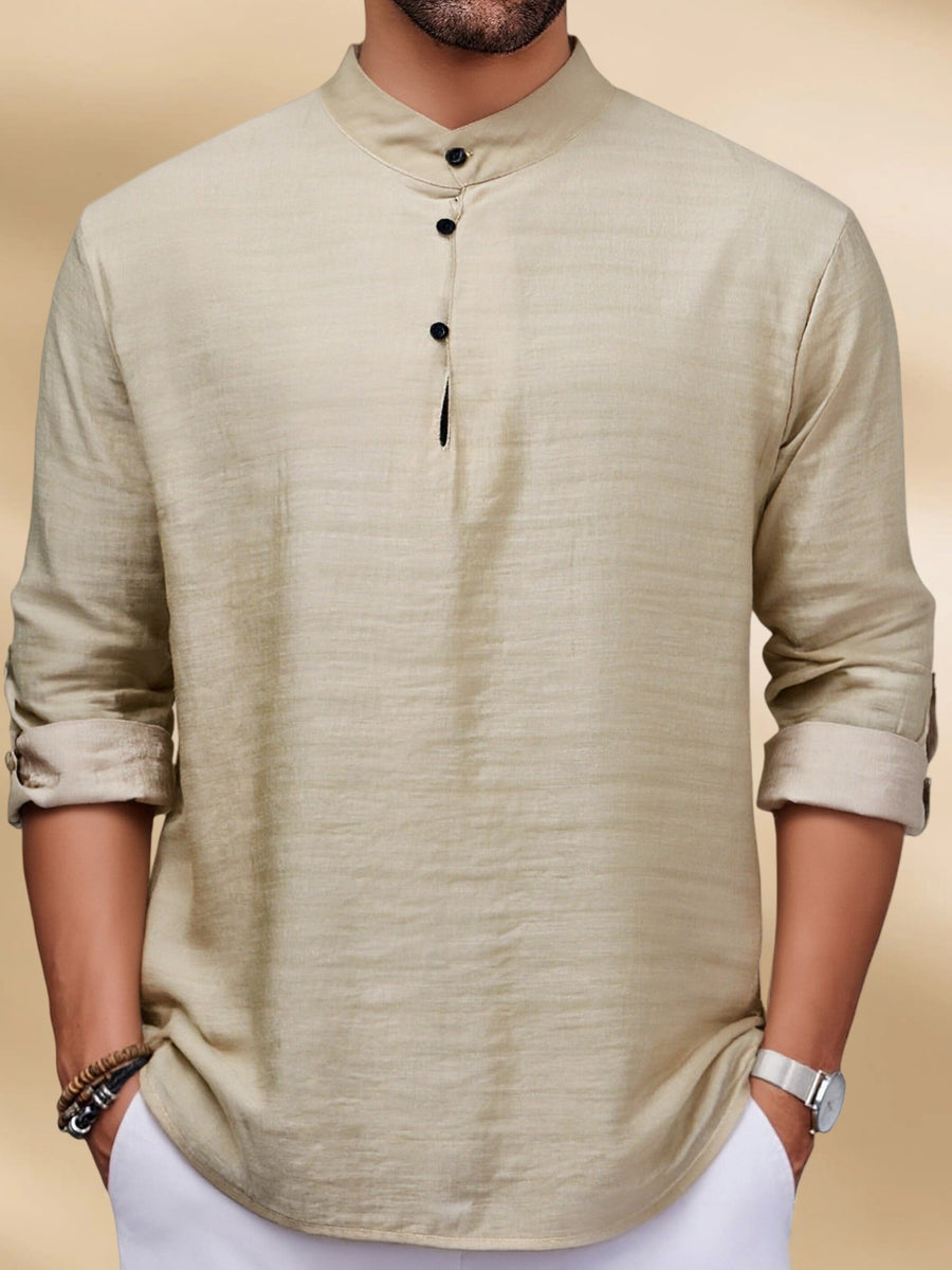 Men'S Fashion New Spring And Autumn Tops Featuring a Stand Collar Henley Shirt, with a Half-Open Single Row of Buttons, Perfect for Outdoor Beach Wear - Khaki