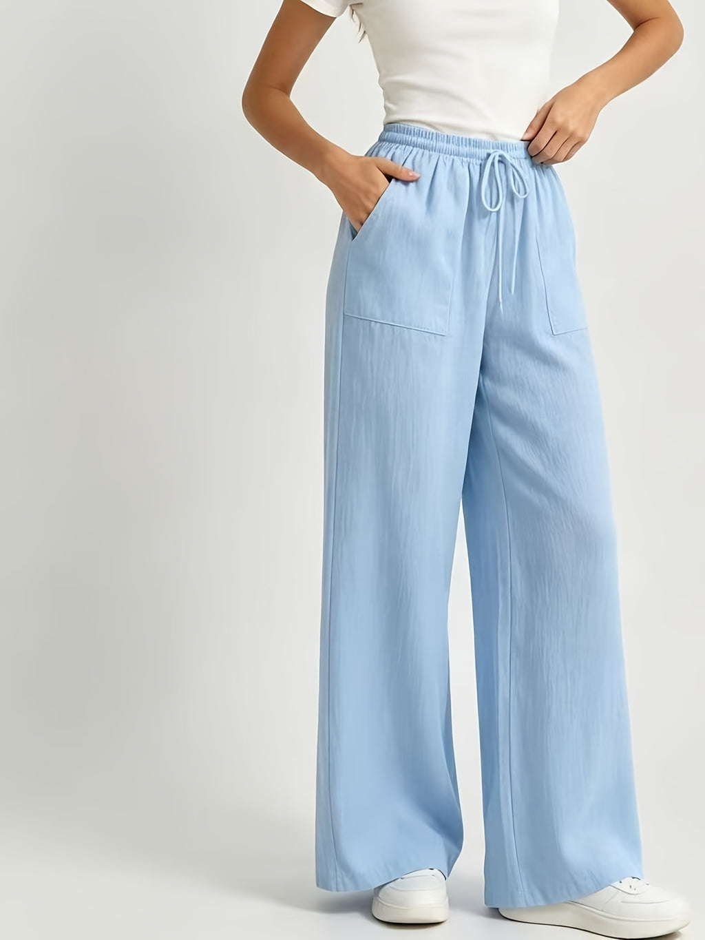 Light Blue Pure Comfortable Loose-fit Wide-leg Floor-length Pants with Drawstring Waist, Large Pockets, and a Relaxed Style for Both Home and Outings, Women's Long Pants - Sky Blue