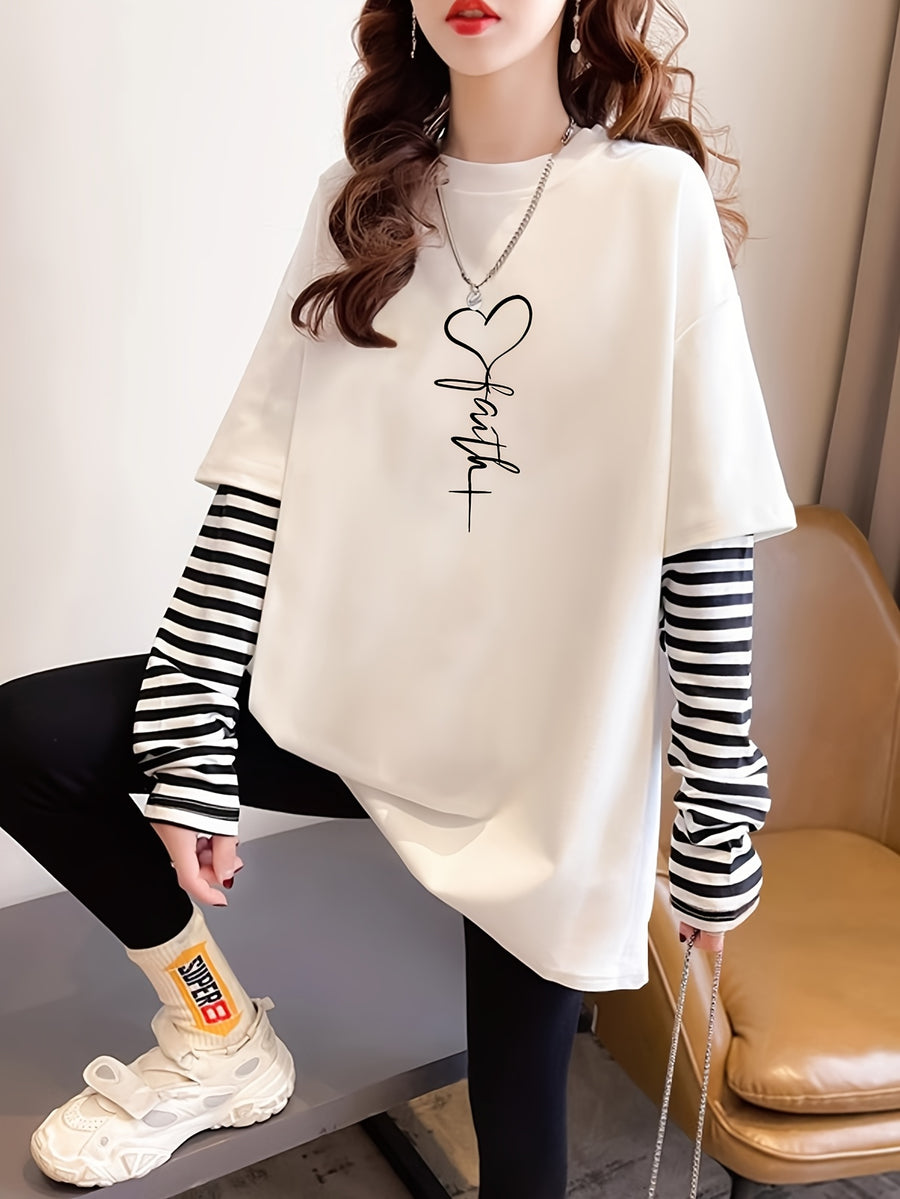 Pure 2-in-1 Look Long Sleeve T-Shirt Base Layer, Crew Neck Pure Long Sleeve T-Shirt for Women, Simple and Fun Cartoon Character Print, Versatile for Autumn/Winter, White Base Layer, Inner Base Layer #T59 - White