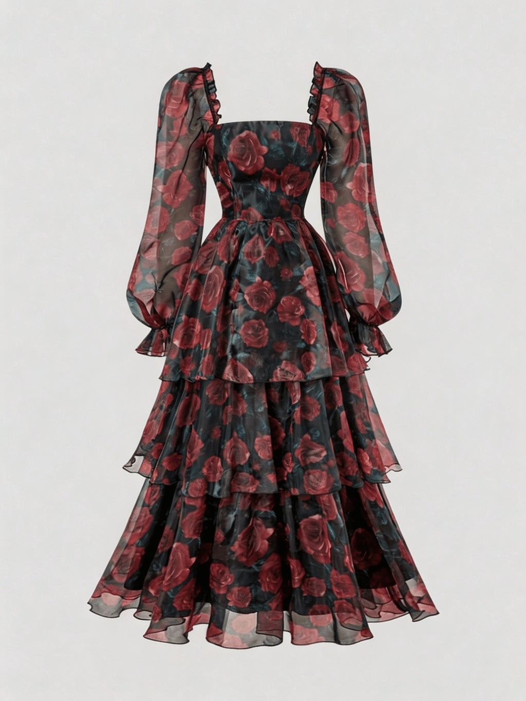 [Fashion Dress] Women'S Elegant And Beautiful Dress, Ruffle Design Comfortable And Breathable Summer Dress with Rose Print, Suitable for Daily Wear in Spring And Summer, Trendy And Versatile, Suitable for Various Occasions - Black